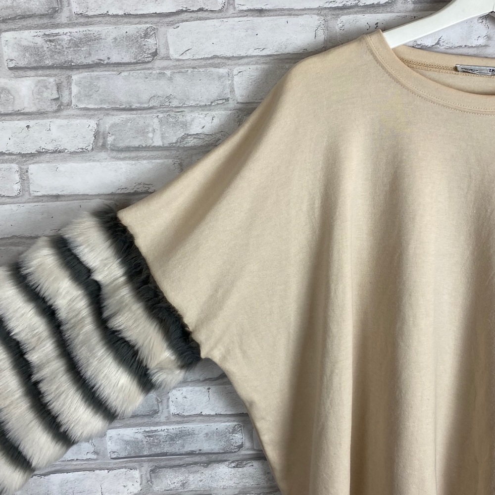 Zara Cream Pullover Sweater with Faux Fur Sleeves